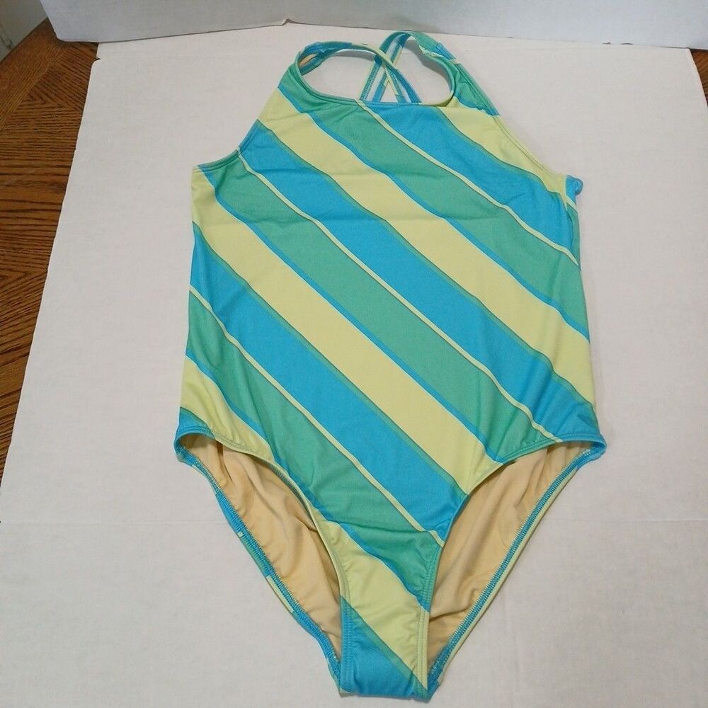 Lands End Girls Xlg (14-16) Chlorine Resistant 1 Pc Strped Swimsuit Multicolor